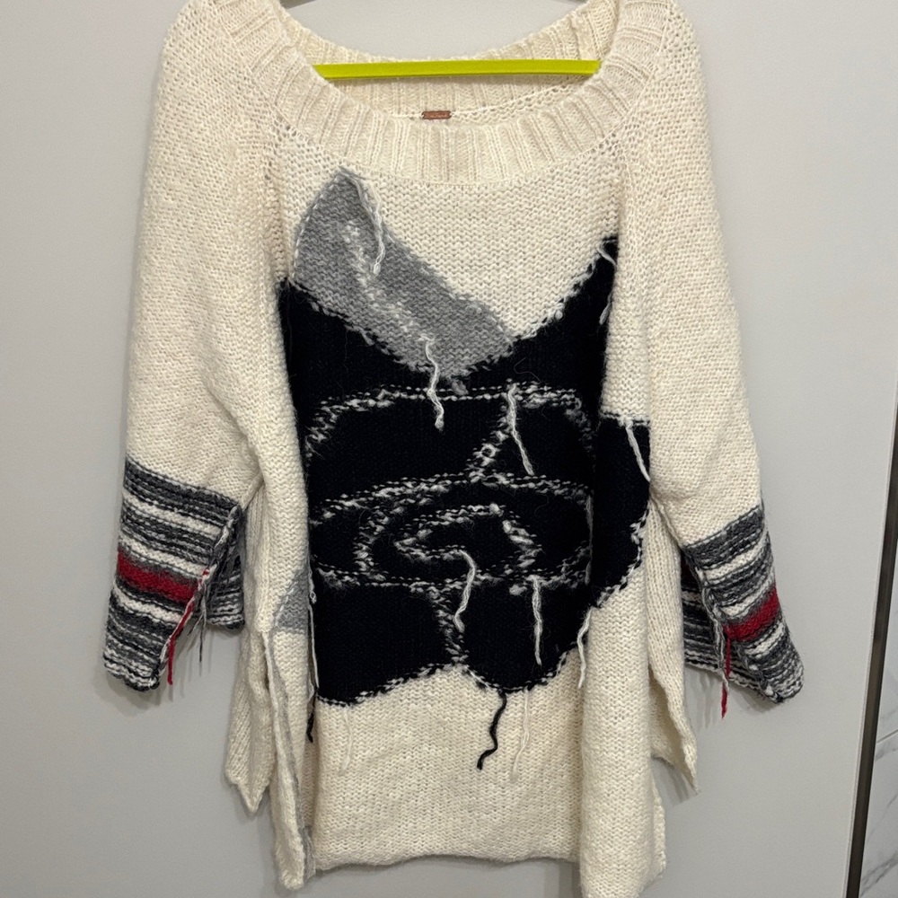 Free People Cream Sweater with Black and Gray Rose